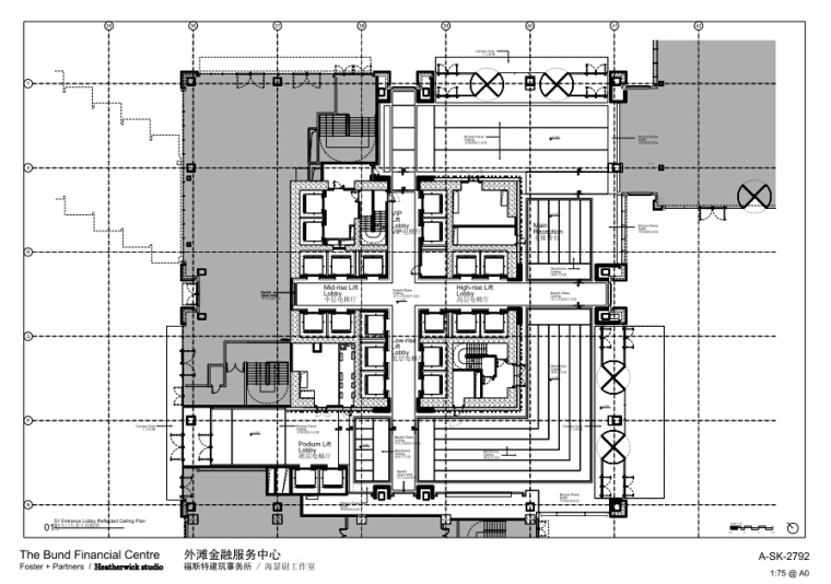 简约办公室装潢资料下载-[上海]外滩国际金融服务中心办公室内装CAD施工图+方案文本