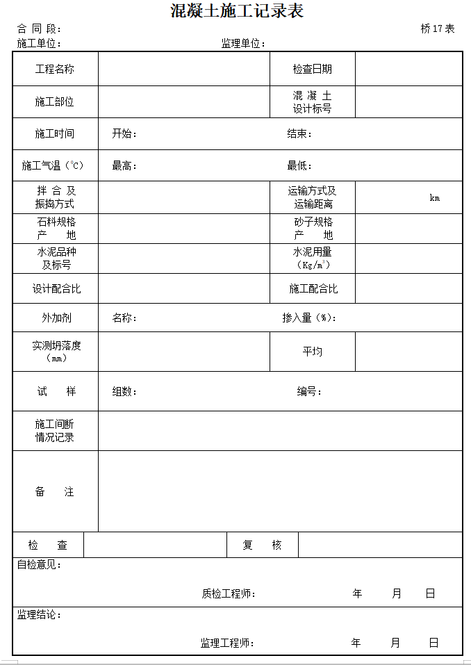 水利水电工程施工监理规范全套表格（119页）-混凝土施工记录表