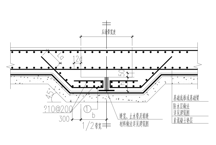 [河南]25层剪力墙结构住宅楼结构施工图（CAD、22张）-基础底板或基础梁后浇带超前止水构造