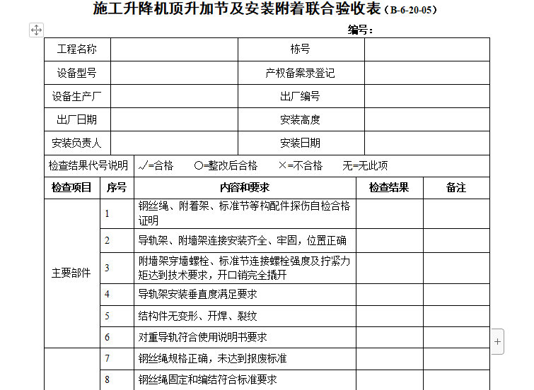 施工升降机监理方案资料下载-施工升降机顶升加节及安装附着联合验收表