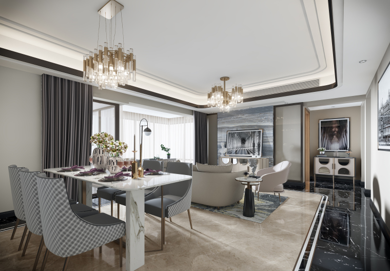 中式家装客厅窗帘效果图资料下载-现代轻奢风客厅餐厅设计3D模型（附效果图）