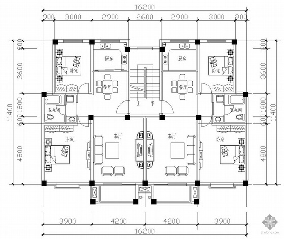 两室一厅一卫装修图资料下载-板式多层一梯二户二室一厅一卫户型图(94/94)