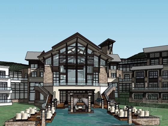 山地酒店立面设计资料下载-山地滨水酒店SketchUp模型下载