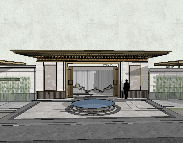 古建筑大门3d模型资料下载-新中式风格大门围墙模型设计