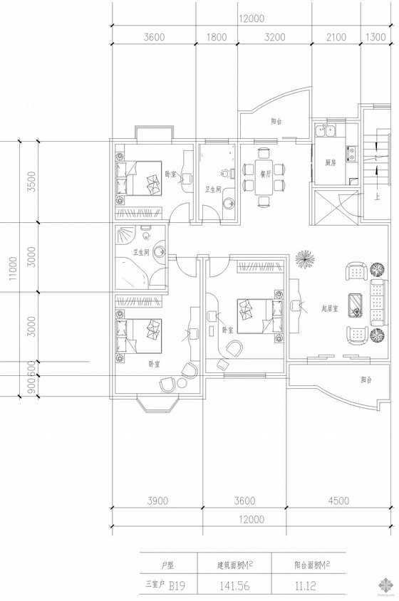三室两卫一厅装修资料下载-板式多层一梯两户三室一厅二卫户型图(141.6/141.6)
