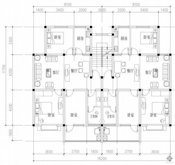 96平方一梯三户建筑图资料下载-板式多层一梯二户户型图(96/96)