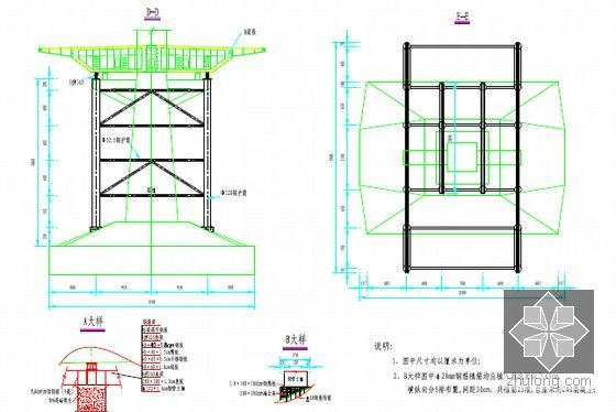 [广东]跨海大桥三塔钢箱梁斜拉桥及110m跨钢箱连续梁桥施工组织298页（附图精美）-塔处支架布置图