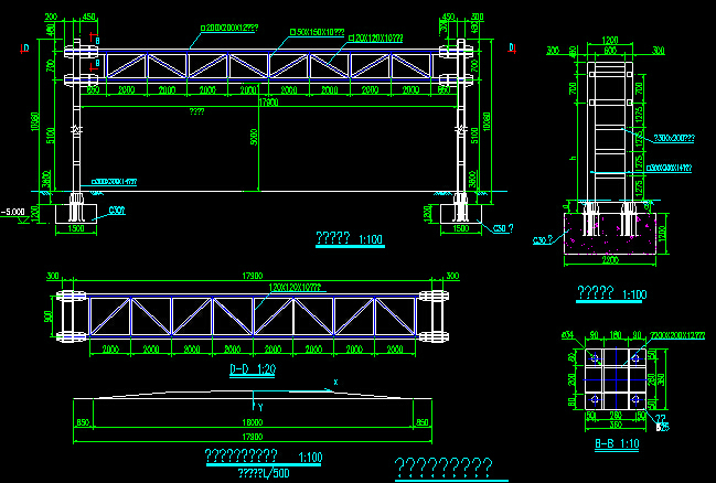 2017年钢管独柱墩三跨连续钢箱梁人行天桥图纸44张CAD（桥宽51m）-限高架构造图