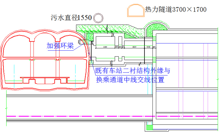 明挖法PBA工法双层三跨岛式车站T形换乘站地铁工程施工组织设计380页（2站2区间1联络线）-换乘通道与地下管线及既有结构关系立面图