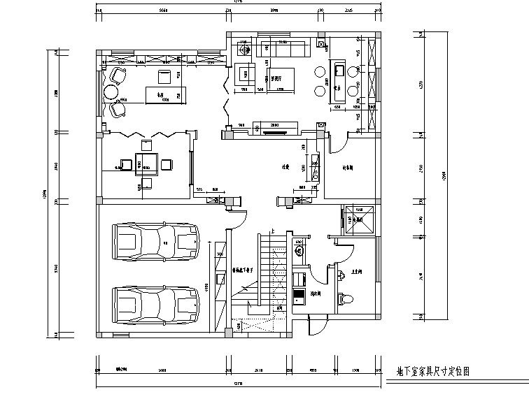 [江苏]美式古典风格500平米联体别墅设计施工图（附效果图）-地下室家具尺寸定位图