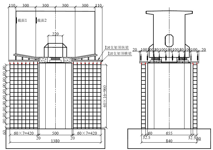 施工现场常用临时结构设施计算手册150页（模板脚手架支架，支护围堰贝雷桁架，爆破）-0#块支架结构示意图