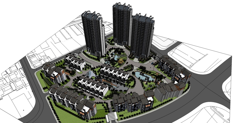 中式高层住宅景观cad资料下载-中式风格居住区精细景观模型