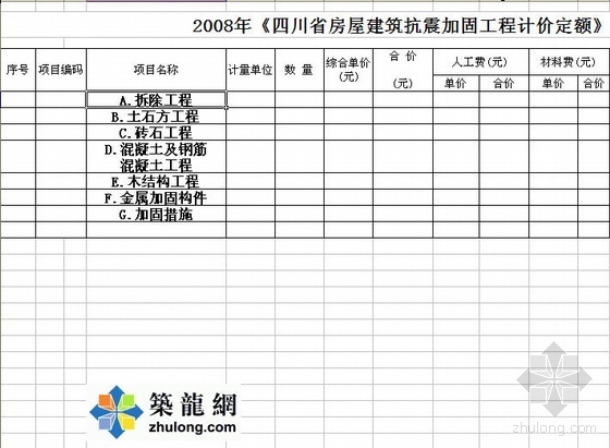 四川房屋加固工程清单定额资料下载-2008年四川省房屋建筑抗震加固工程计价定额（excel版）