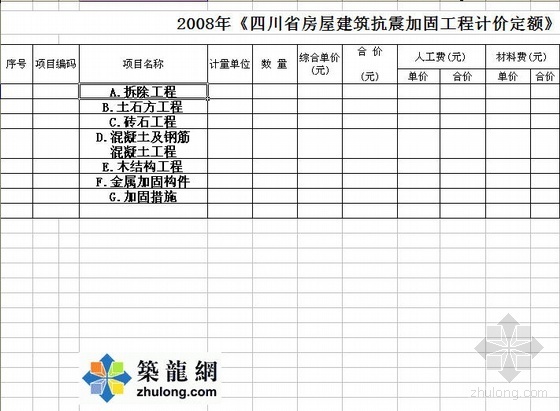 四川省房屋建筑资料下载-2008年四川省房屋建筑抗震加固工程计价定额（excel版）