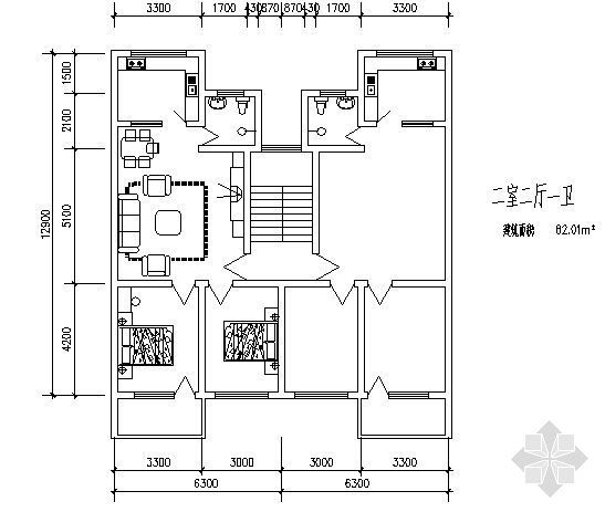两室一厅一厨一卫装修效果图片资料下载-二室二厅一卫（82.01平方米）