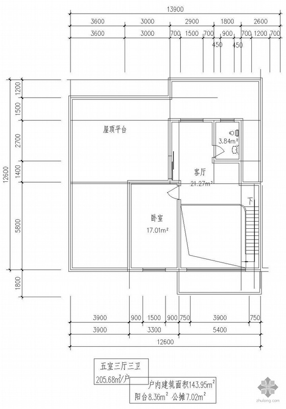 一梯三户二室标准层资料下载-板式一梯二户五室三厅三卫有跃层户型图(206)