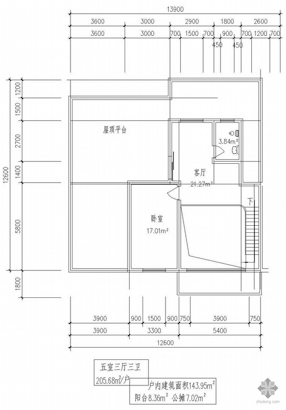 两室三厅户型图资料下载-板式一梯二户五室三厅三卫有跃层户型图(206)