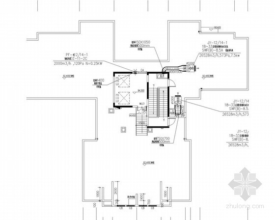 [湖南]22层公寓住宅建筑群通风系统设计施工图-屋顶层通风防排烟平面图 