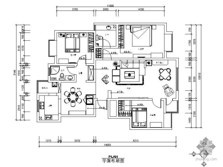 商业施工图下载资料下载-中式三居室施工图下载（含效果）