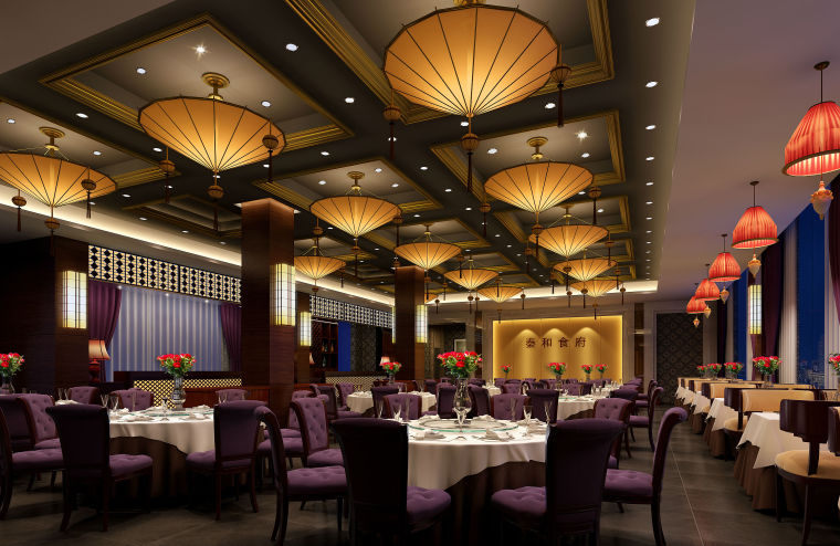 新中式酒楼室内装修全套施工图（附效果图）-餐厅