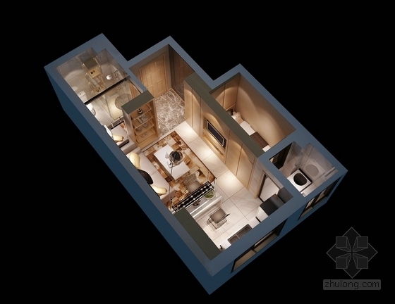 [福建]小户型一室一厅简约风格室内装修施工图（含效果）-鸟瞰图