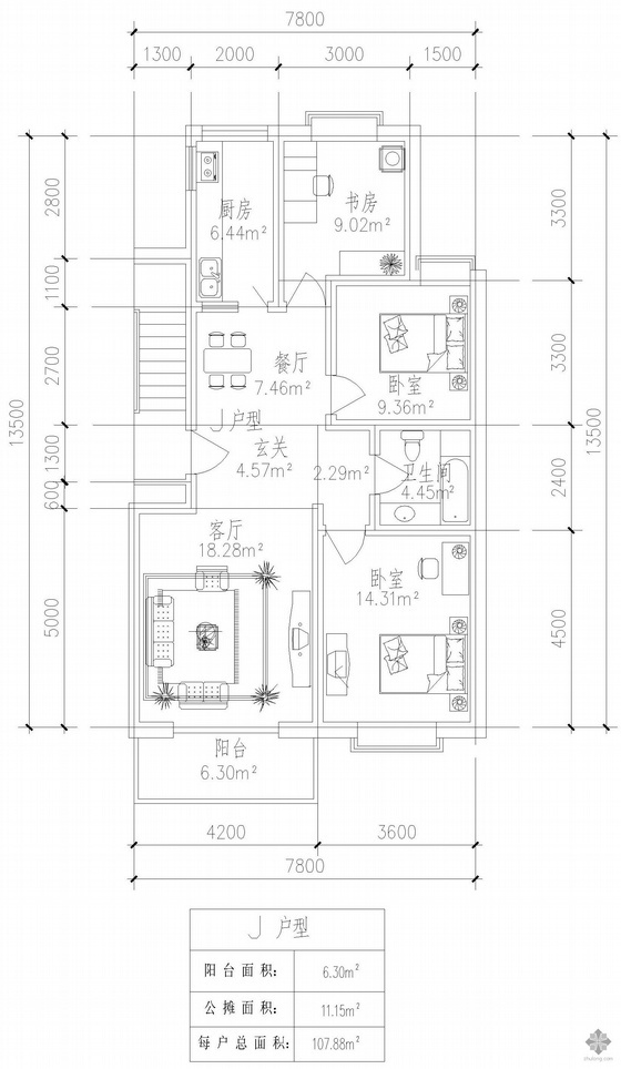 小户型一梯两户户型图资料下载-板式多层一梯两户户型图(108/108)