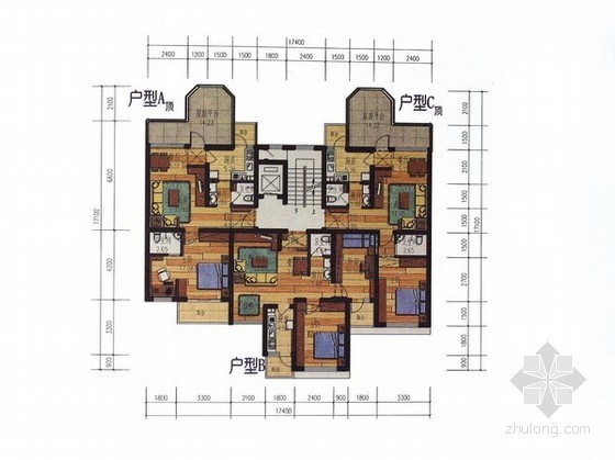 一梯两户高层住宅CAD图资料下载-高层住宅一梯三户型平面图（57、62、74平方米）
