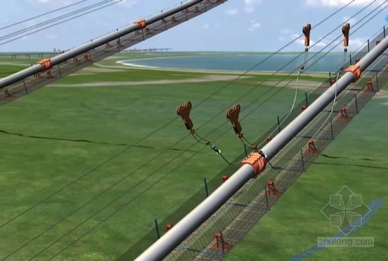 双塔双跨钢桁架梁悬索桥投标动画演示-悬索安装 