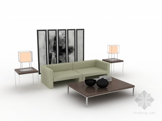 新中式客厅组合沙发3d模型资料下载-双人沙发茶几组合3d模型下载