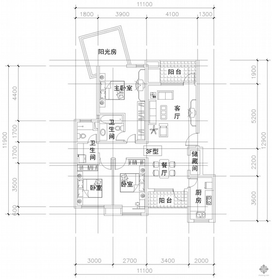 户型图一室一厅一卫资料下载-板式多层单户三室二厅二卫户型图(120)