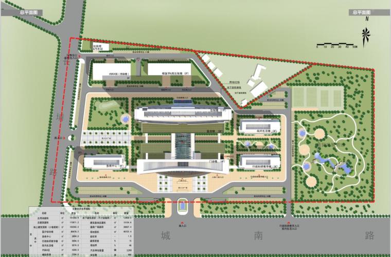 [广东]现代简洁造型综合性人民医院建筑设计方案文本-现代简洁造型综合性人民医院建筑总平面图