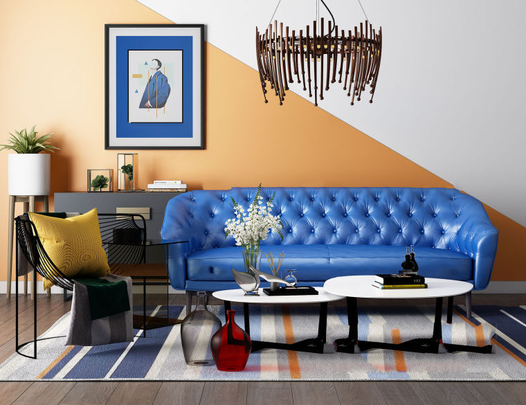 黄色现代皮沙发资料下载-橙蓝拼色抽象画客厅局部
