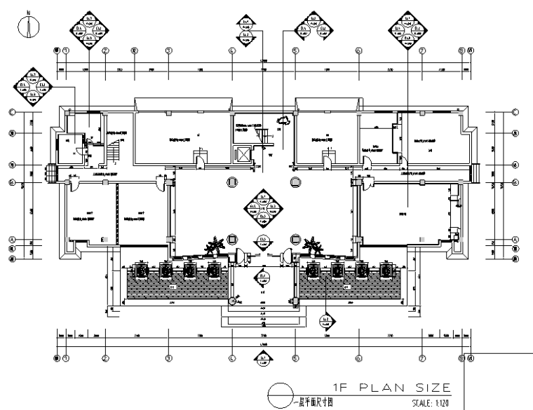 [江苏]中式风格苏州豪华办公楼设计施工图（附效果图）-一层平面尺寸图