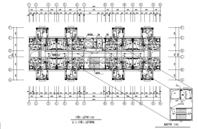 大学公寓强弱电施工图-1号楼二~七层平面