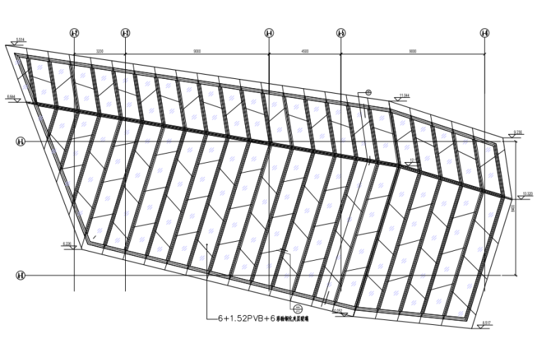 大学树形钢结构雨棚结构施工图（CAD、17张）-雨棚玻璃分格平面布置图