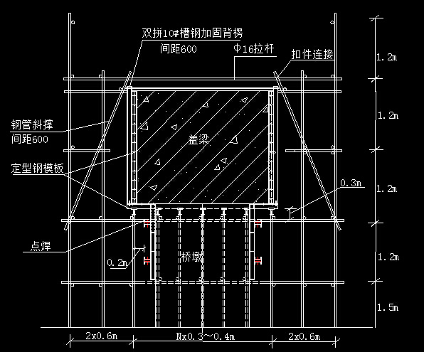 立交桥定型钢模板翻模法施工墩柱、盖梁施工方案43页附79张CAD（碗扣式满堂支架法）-盖梁模板支撑及加固横剖面