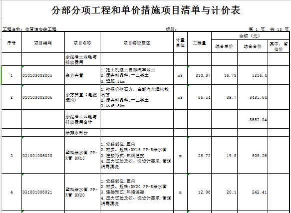 [广东]新建2层体育馆(钢结构)建筑安装工程预算书(含图纸)-安装 分部分项工程和单价措施项目清单计价表