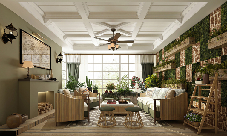 客厅飘窗设计效果图资料下载-美式田园绿植休闲住宅客厅空间设计3D模型（附效果图）