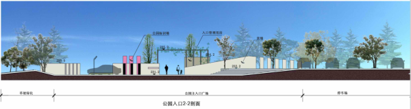 [重庆]小清新生态休闲体育公园景观设计方案-公园入口剖面图