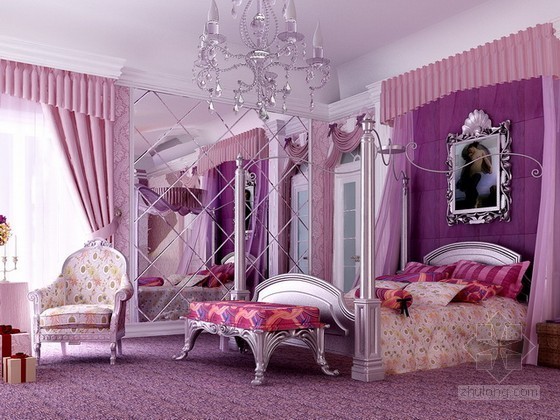 紫色卧室设计资料下载-紫色浪漫欧式卧室3d模型下载