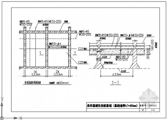 条形基础筏板基础资料下载-条形基础改筏板基础（基础墙厚h≥490mm）节点构造详图