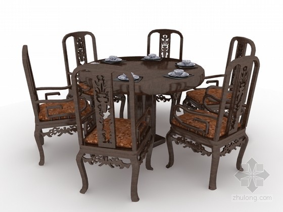 中式餐桌模型下载资料下载-中式六人餐桌椅组合3d模型下载