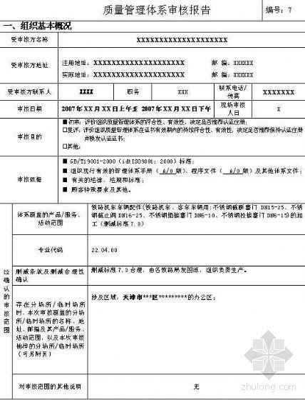 质量体系内部审核表格资料下载-质量管理体系审核报告（word表格）