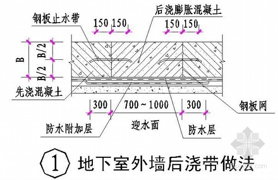 后浇带止水钢板网资料下载-地下室外墙后浇带做法详图