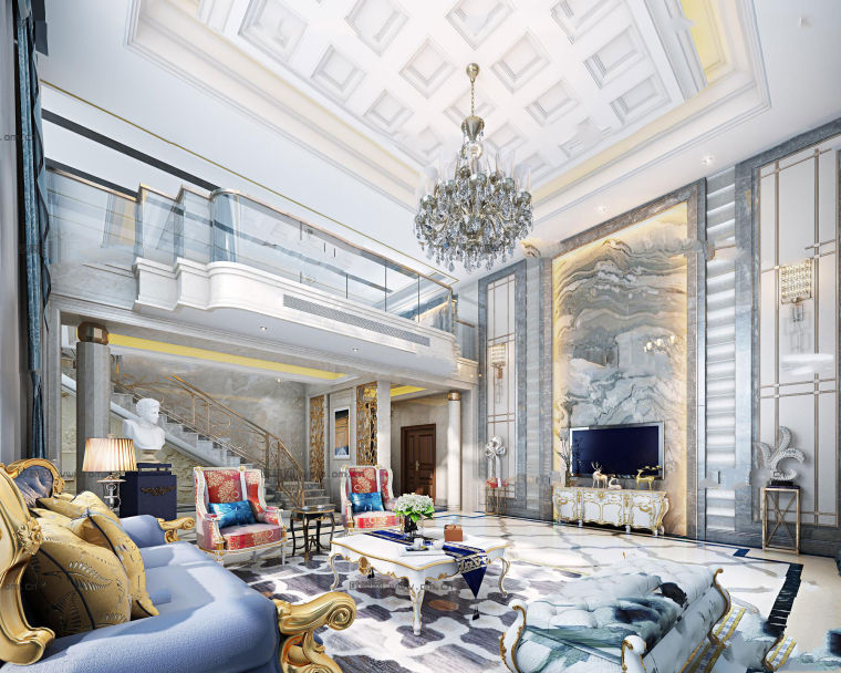 新古典欧式室内设计资料下载-新古典欧式别墅客厅3D模型
