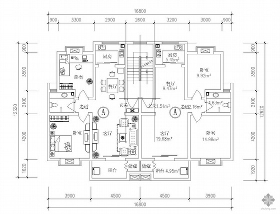 户型图一梯两户两种户型资料下载-板式多层一梯两户A1户型图(92/92)