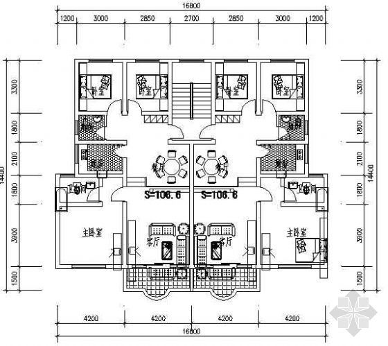 cad三室两厅两卫户型图资料下载-三室两厅一厨两卫108平米