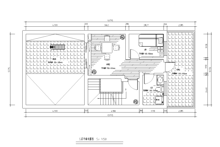[福建]某三层别墅空间室内装修施工平面图-三层平面布置图