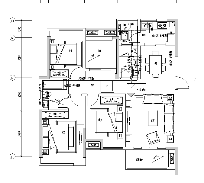 南京高层住宅小区给排水施工图（三期）-户型排水平面图