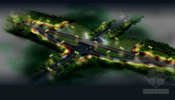 [山东]河流堤顶路绿化工程细化设计方案-节点夜景鸟瞰图 
